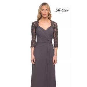 New LA FEMME Ruched Twist Column Gown In Gunmetal Size 16 Retail $438. 14